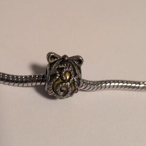 Vintage Silver Filigree Bow Yellow Background Charm for Pandora Style Bracelet